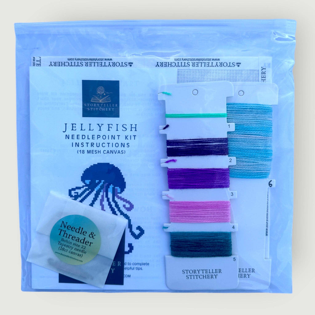 Jellyfish Needlepoint Kit — 18-ct Printed Canvas, Hand-Dyed Wool-Silk Thread