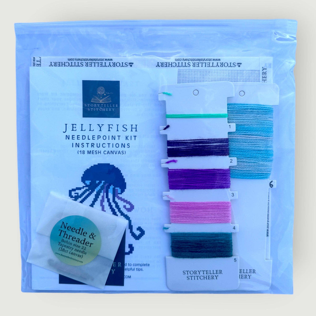 Jellyfish Needlepoint Kit — 18-ct Printed Canvas, Hand-Dyed Wool-Silk Thread