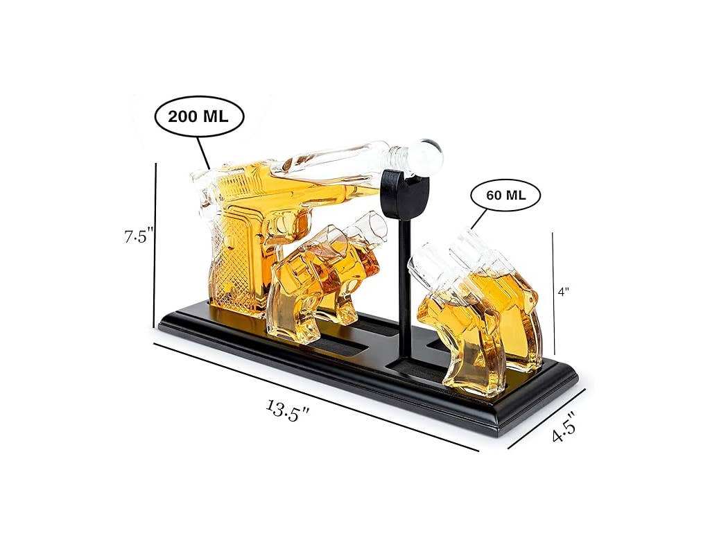 Whiskey Gun Decanter &Shot Glasses Gift Set – Mahogany Tray