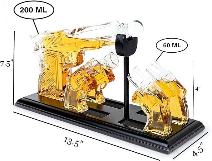 Whiskey Gun Decanter &Shot Glasses Gift Set – Mahogany Tray