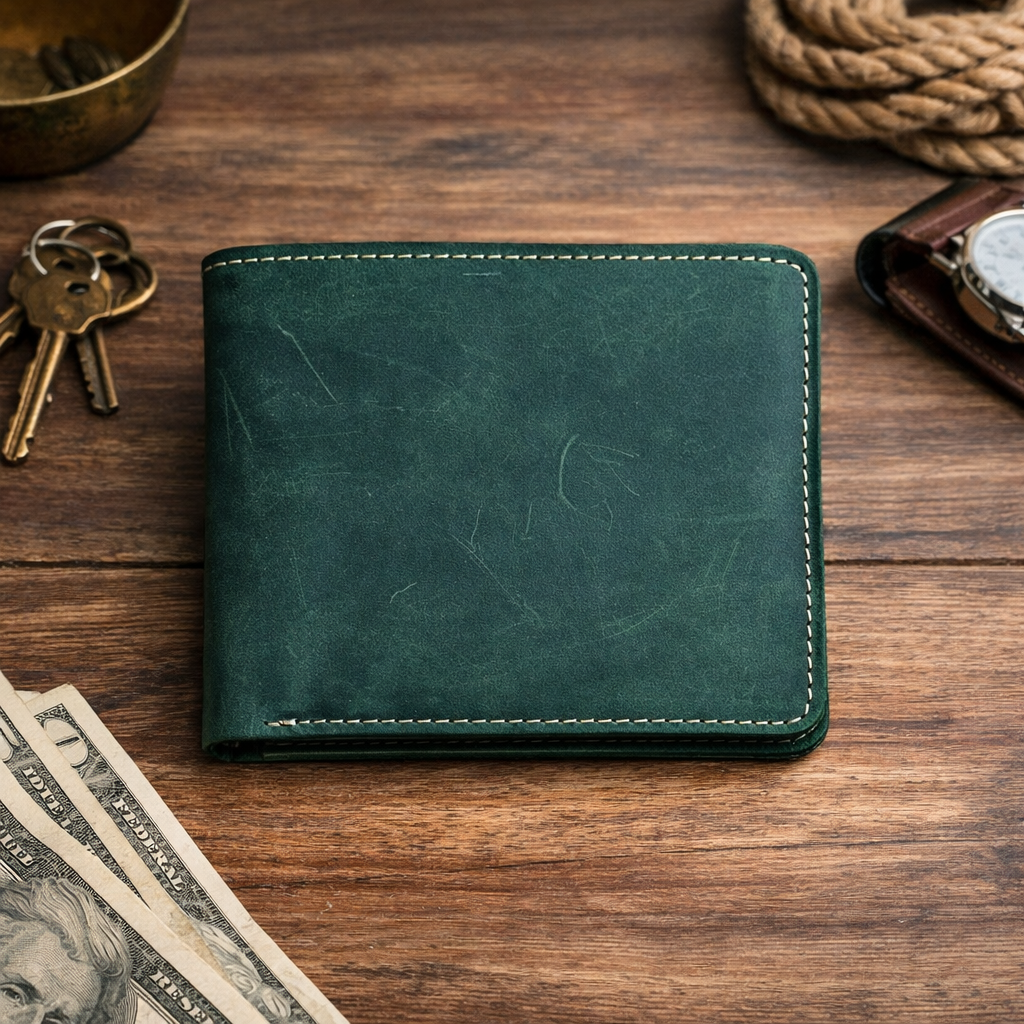 Men’s Full-Grain Crazy Leather Bifold Wallet with ID Window