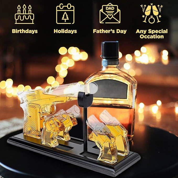 Whiskey Gun Decanter &Shot Glasses Gift Set – Mahogany Tray