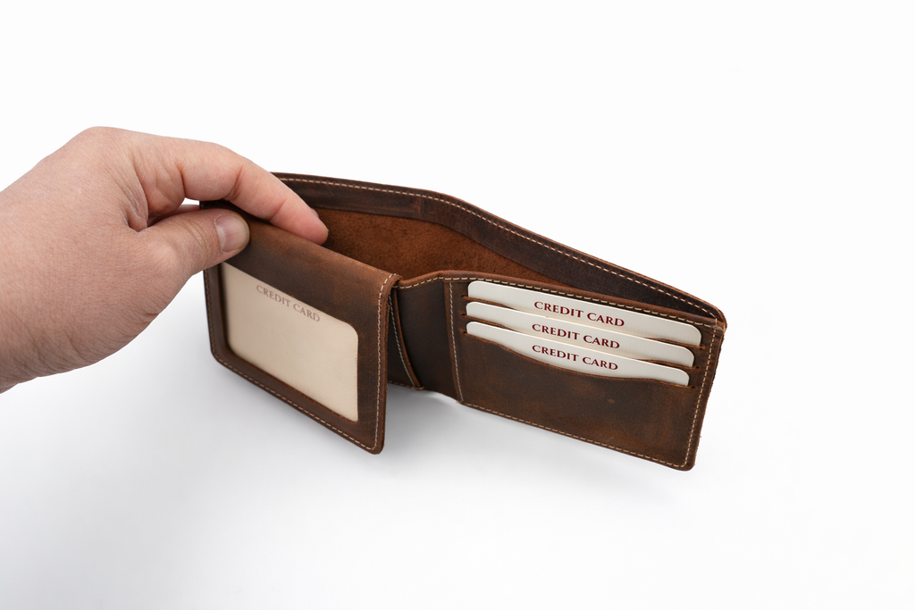 Men’s Full-Grain Crazy Leather Bifold Wallet with ID Window