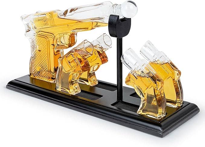 Whiskey Gun Decanter &Shot Glasses Gift Set – Mahogany Tray