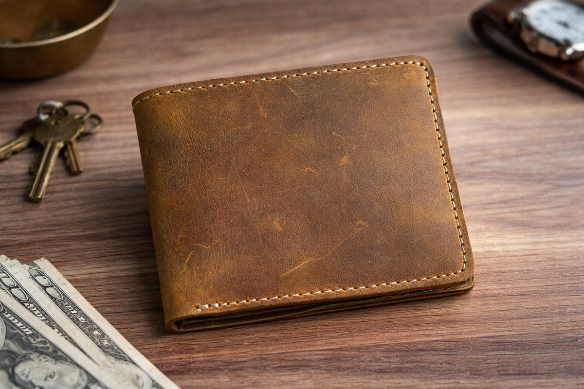 Men’s Full-Grain Crazy Leather Bifold Wallet with ID Window