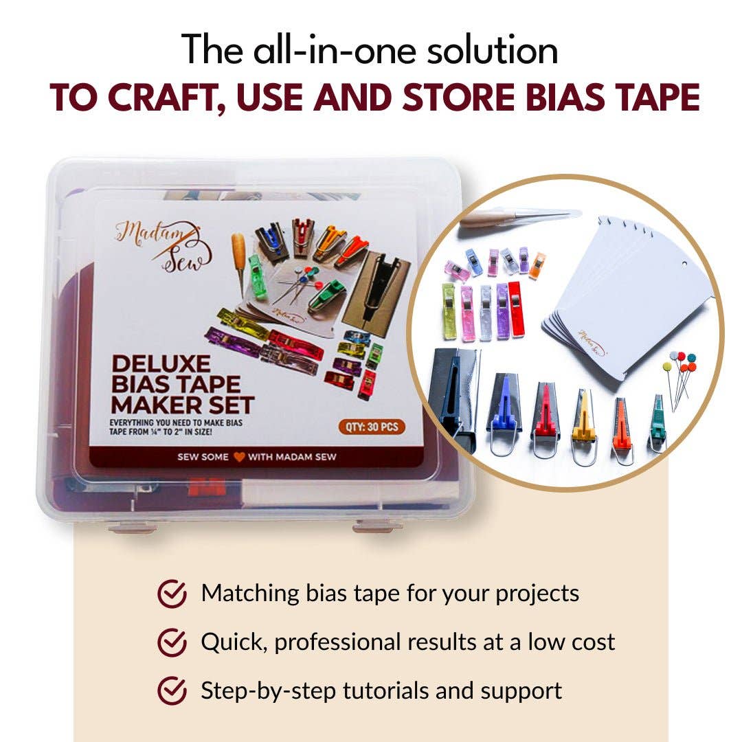 Deluxe Bias Tape Maker Set - 30pcs for making, using & storing bias tape or binding!
