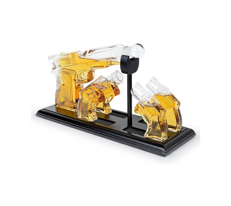 Whiskey Gun Decanter &Shot Glasses Gift Set – Mahogany Tray