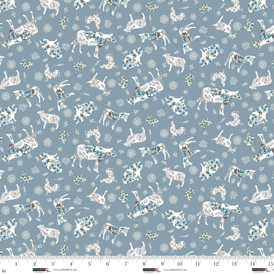 Floral Farmyard - Denim Blue