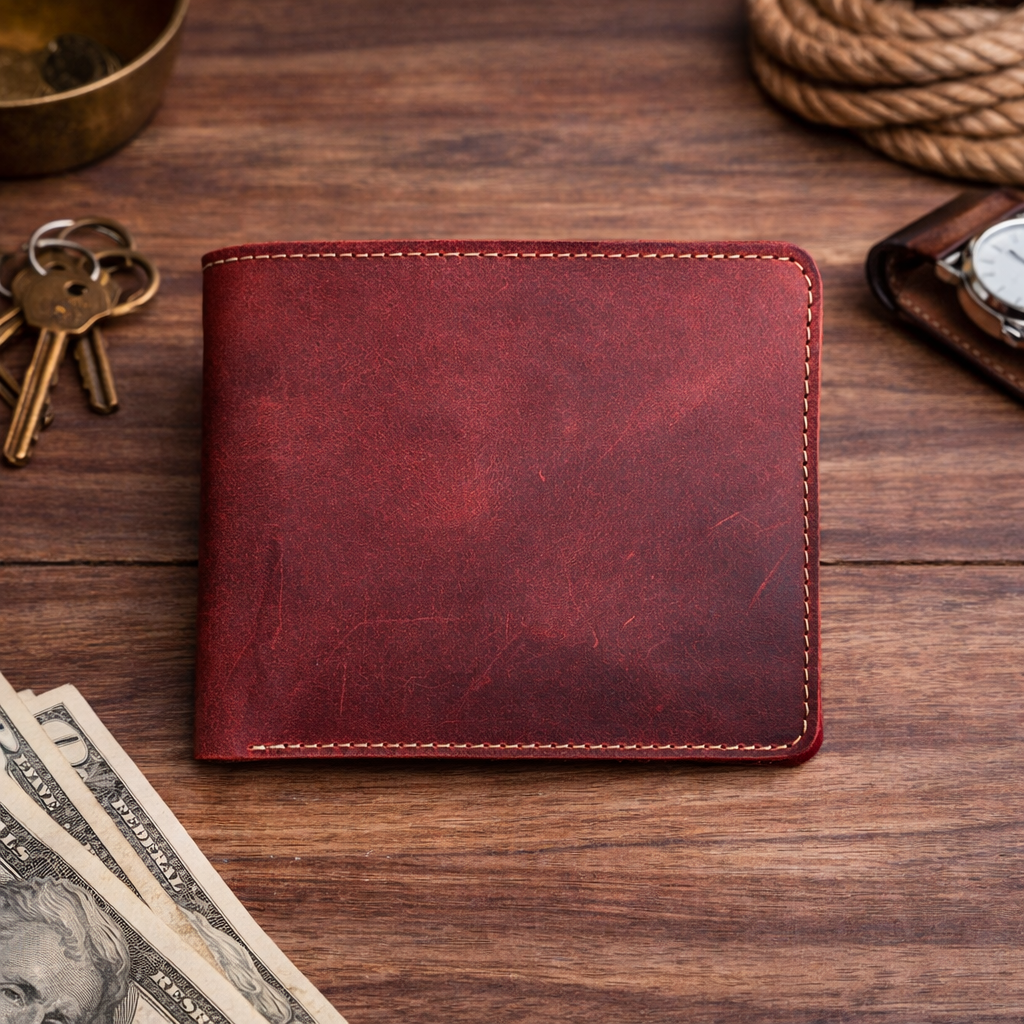 Men’s Full-Grain Crazy Leather Bifold Wallet with ID Window
