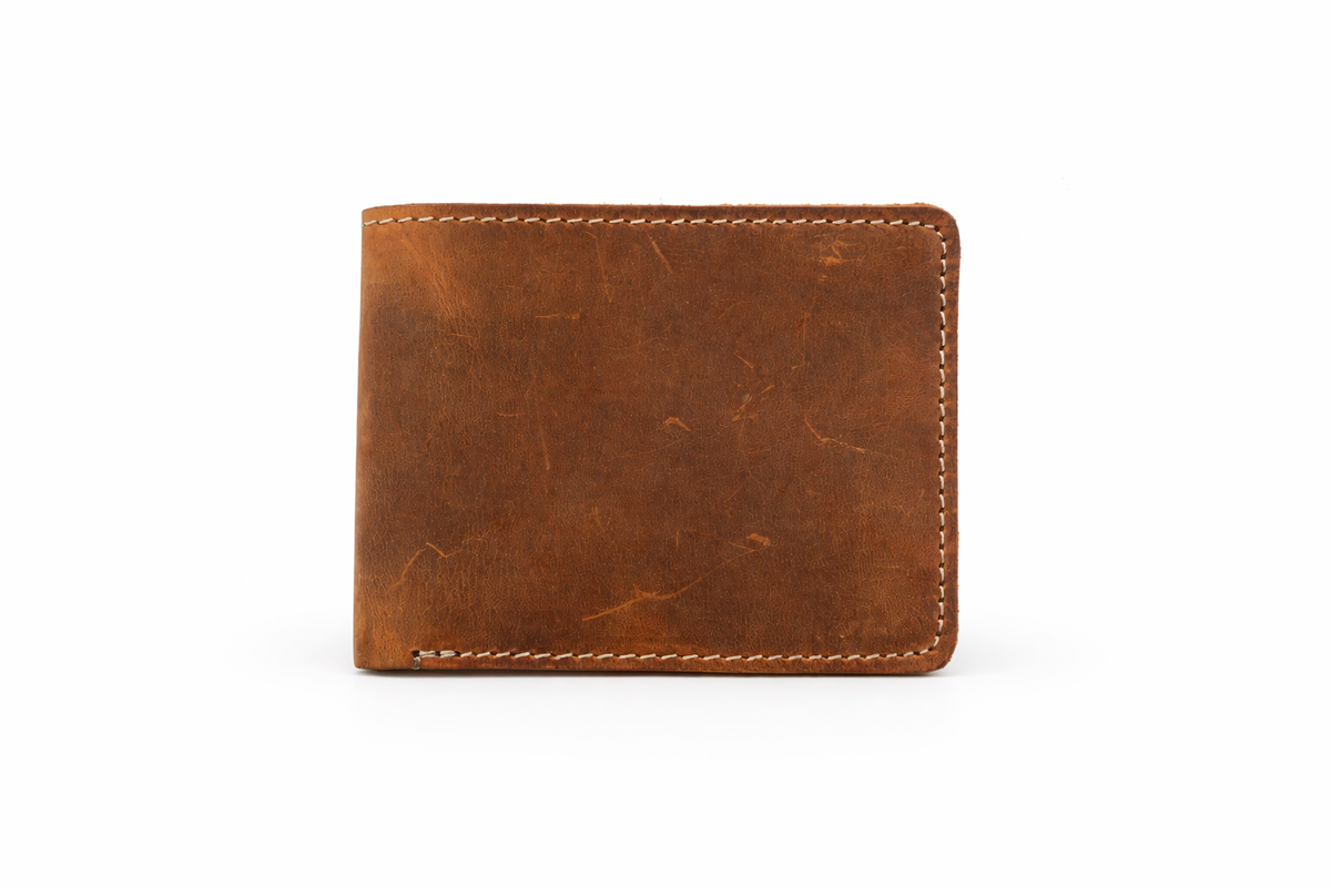 Men’s Full-Grain Crazy Leather Bifold Wallet with ID Window