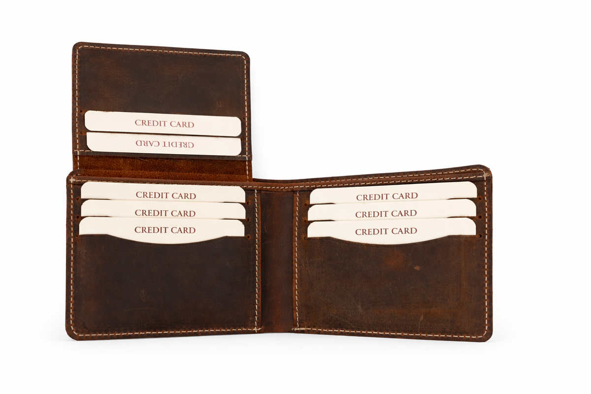 Men’s Full-Grain Crazy Leather Bifold Wallet with ID Window