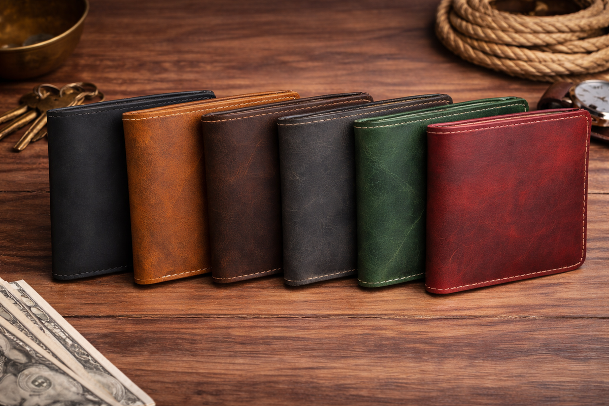 Men’s Full-Grain Crazy Leather Bifold Wallet with ID Window