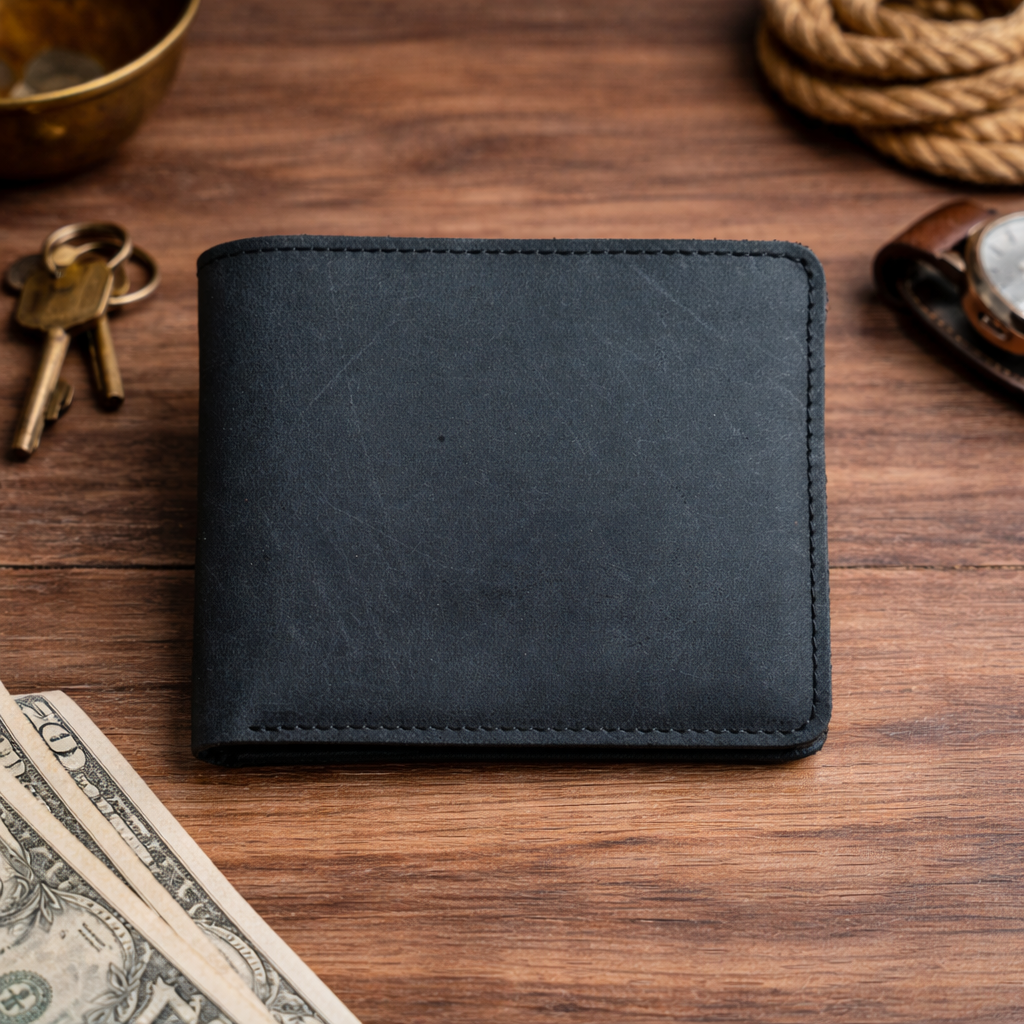 Men’s Full-Grain Crazy Leather Bifold Wallet with ID Window