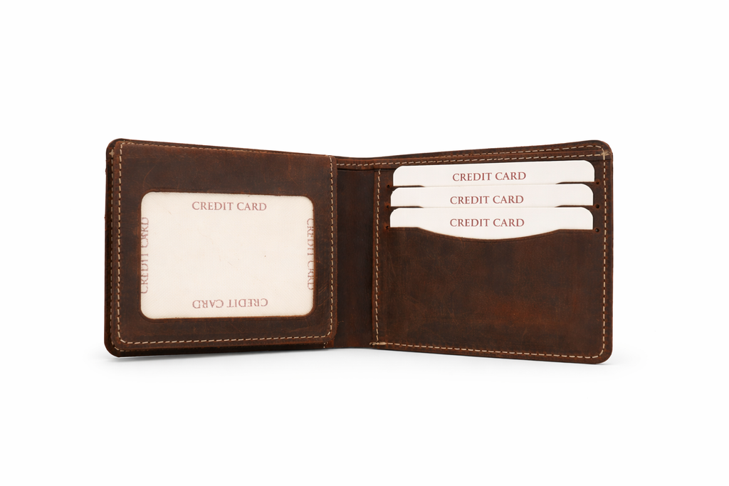 Men’s Full-Grain Crazy Leather Bifold Wallet with ID Window