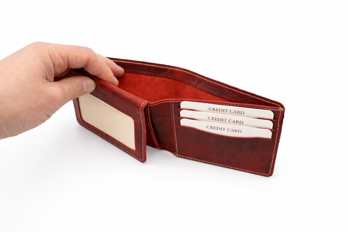 Men’s Full-Grain Crazy Leather Bifold Wallet with ID Window