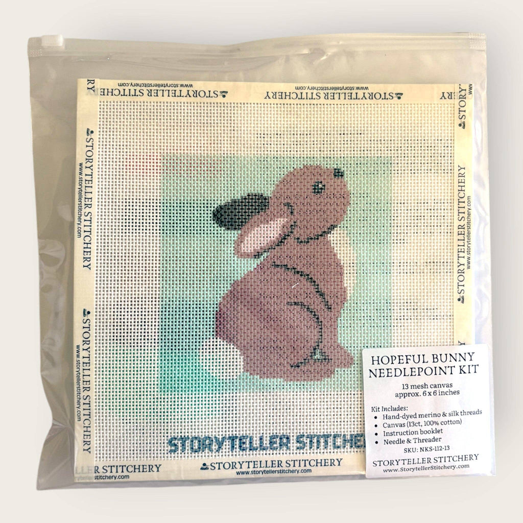 Hopeful Bunny Needlepoint Kit — 13-ct Printed Canvas, Hand-Dyed Wool-Silk Thread