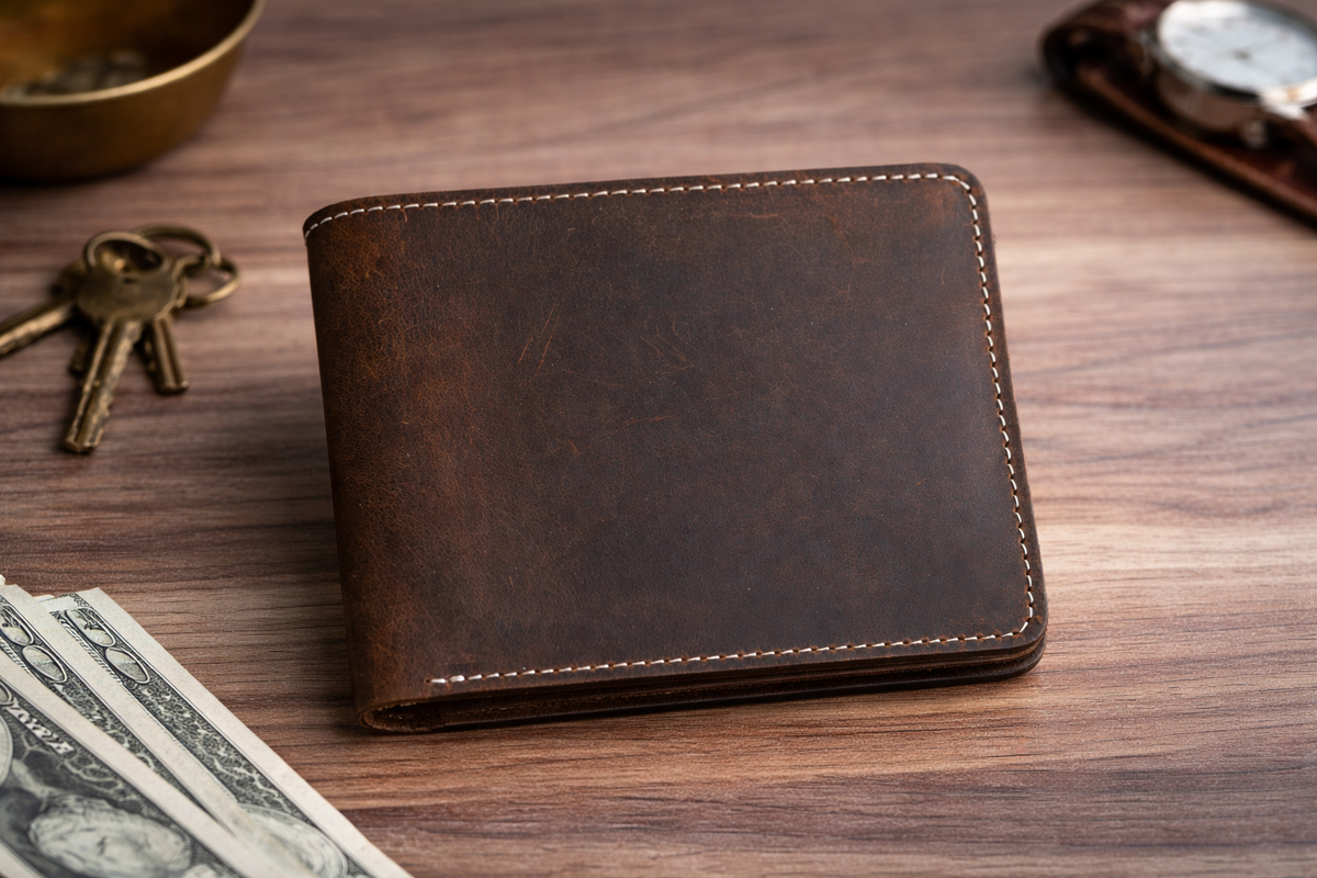 Men’s Full-Grain Crazy Leather Bifold Wallet with ID Window